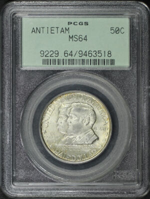 Obverse of this 1937 Silver Commemorative Antietam 50C PCGS MS-64 Old Green Holder