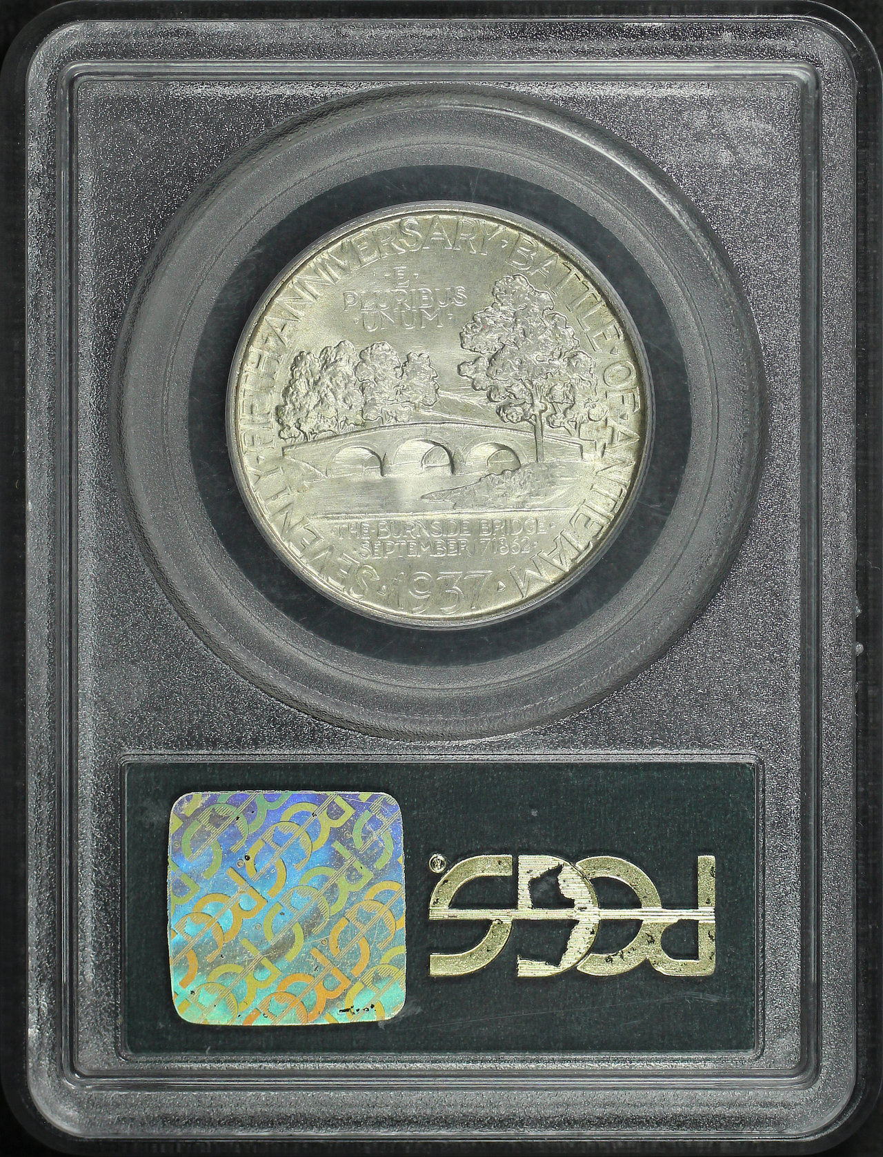 Reverse of this 1937 Silver Commemorative Antietam 50C PCGS MS-64 Old Green Holder