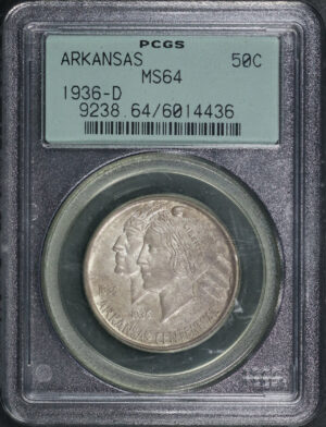 Obverse of this 1936-D 50C Arkansas Silver Commemorative PCGS MS-64 Old Green Holder