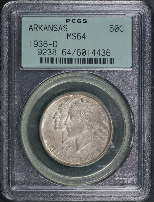Obverse of this 1936-D 50C Arkansas Silver Commemorative PCGS MS-64 Old Green Holder