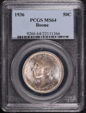 Obverse of this 1936 50C Boone Silver Commemorative PCGS MS-64