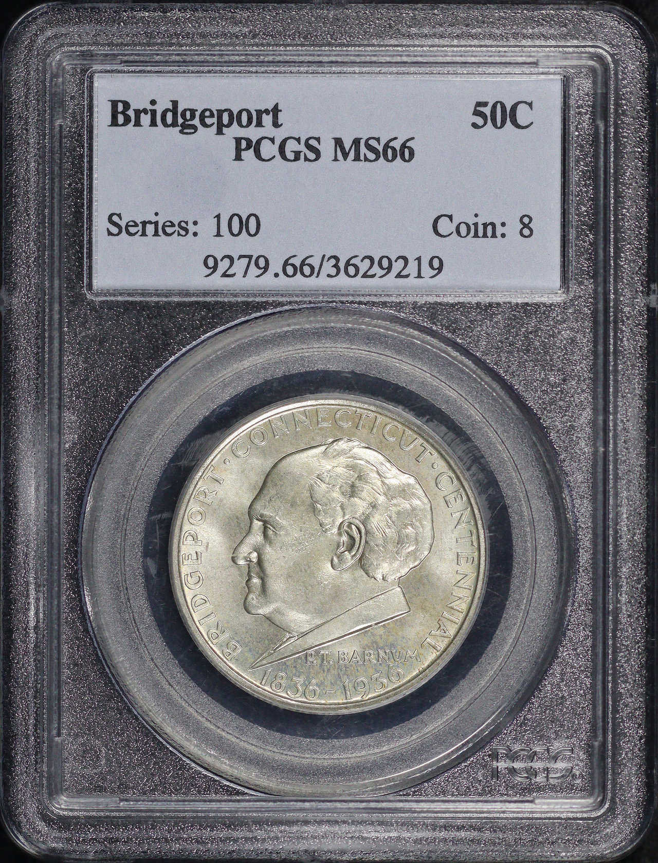 Obverse of this 1936 50C Bridgeport Silver Commemorative PCGS MS-66