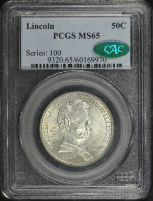 Obverse of this 1918 Silver Commemorative Lincoln-Illinois 50C PCGS MS-65 CAC