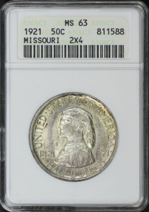 Obverse of this 1921 Missouri 2×4 Silver Commemorative 50C ANACS MS-63
