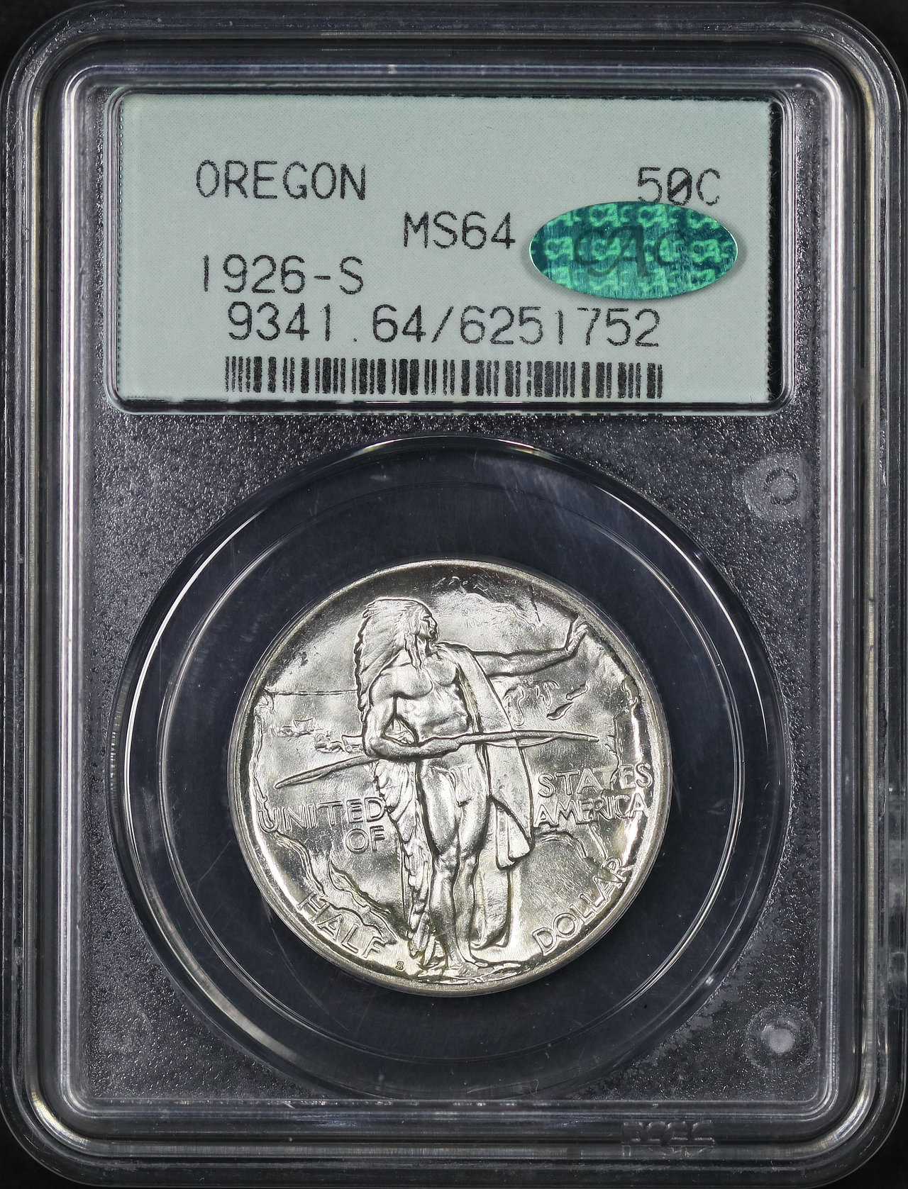 Obverse of this 1926-S 50C Oregon Silver Commemorative PCGS MS-64 CAC Old Green Gasket Holder