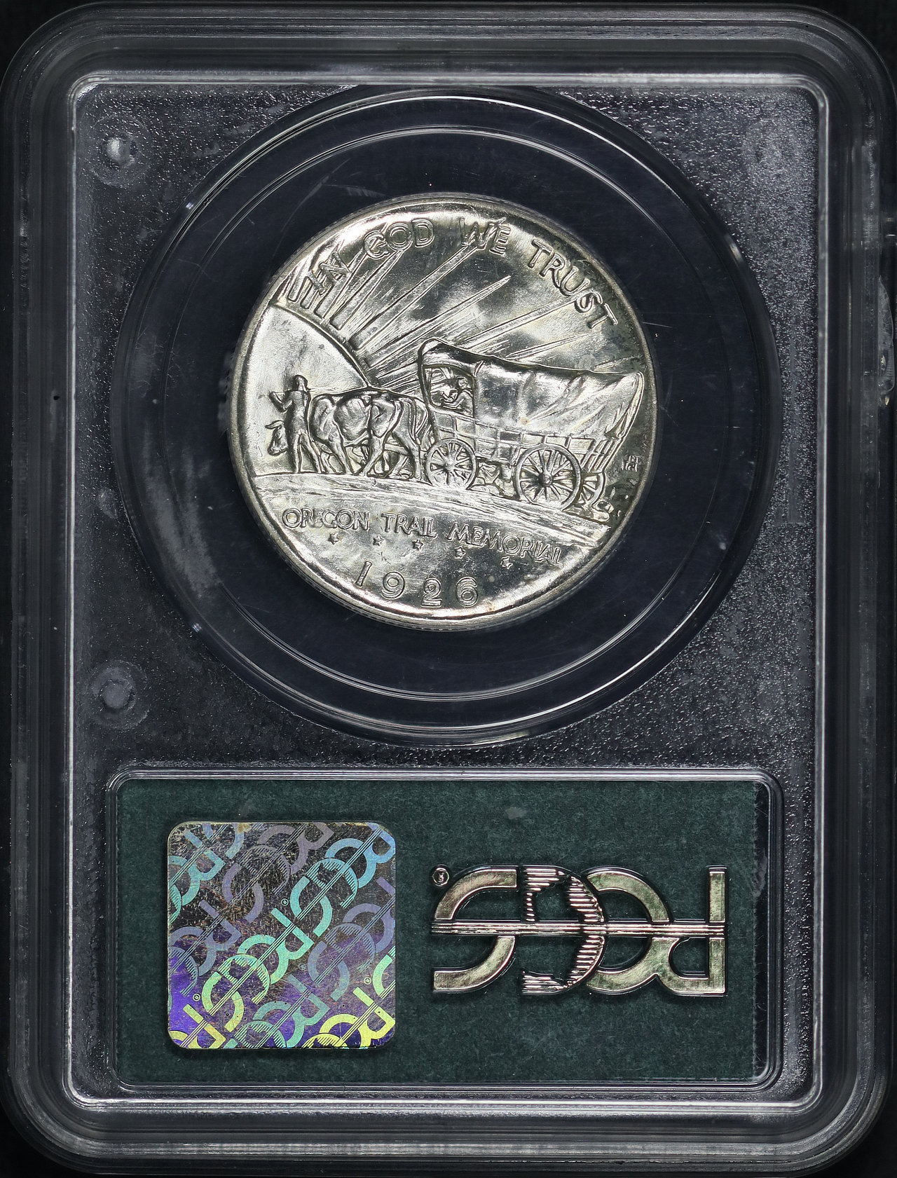 Reverse of this 1926-S 50C Oregon Silver Commemorative PCGS MS-64 CAC Old Green Gasket Holder