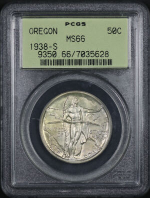 Obverse of this 1938-S 50C Oregon Silver Commemorative PCGS MS-66 Old Green Holder
