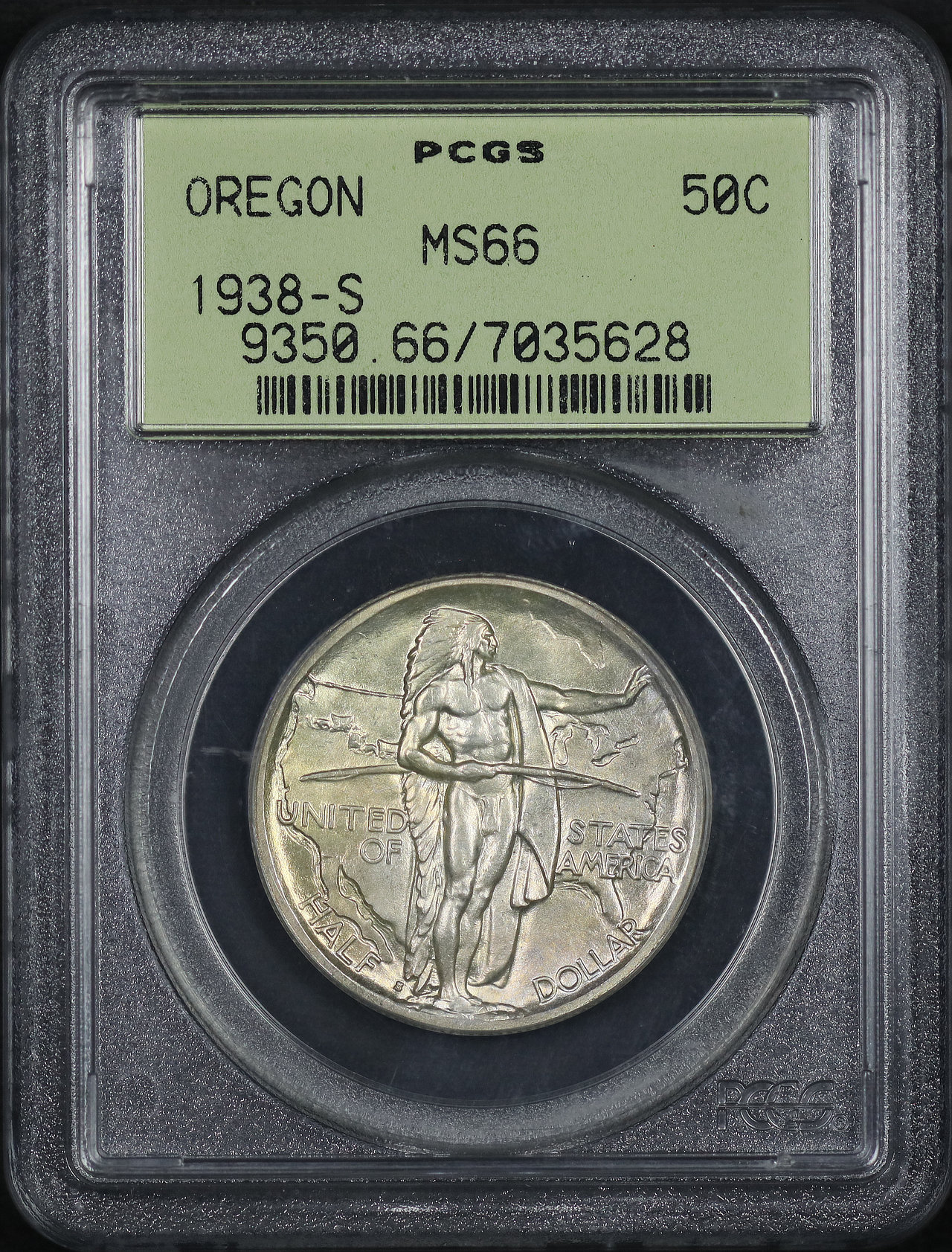 Obverse of this 1938-S 50C Oregon Silver Commemorative PCGS MS-66 Old Green Holder