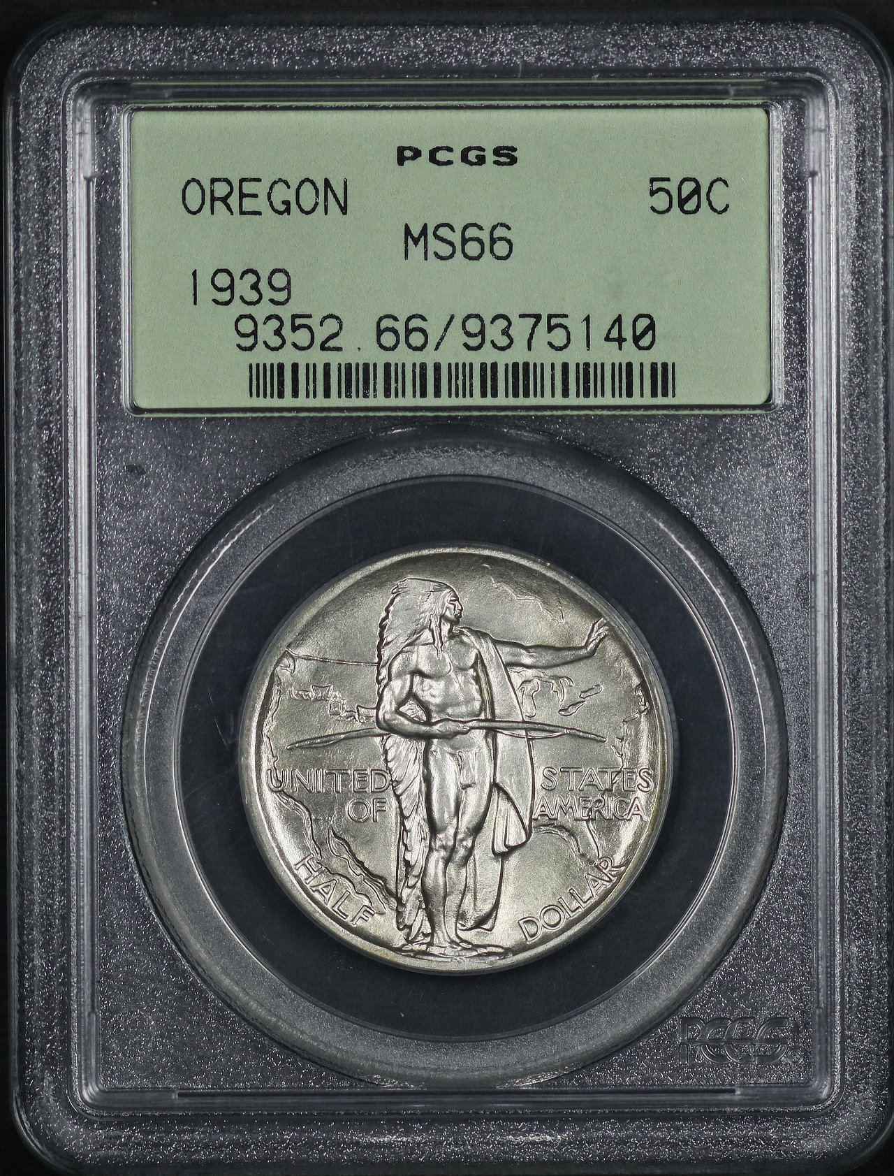 Obverse of this 1939 50C Oregon Silver Commemorative PCGS MS-66 Old Green Holder