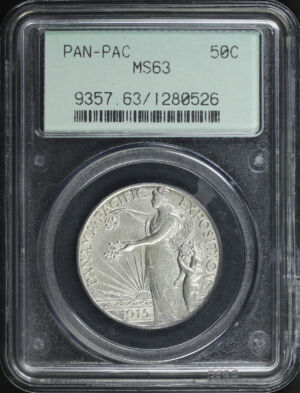 Obverse of this 1915-S Silver Commemorative Panama-Pacific 50C PCGS MS-63 Old Green Gasket Holder