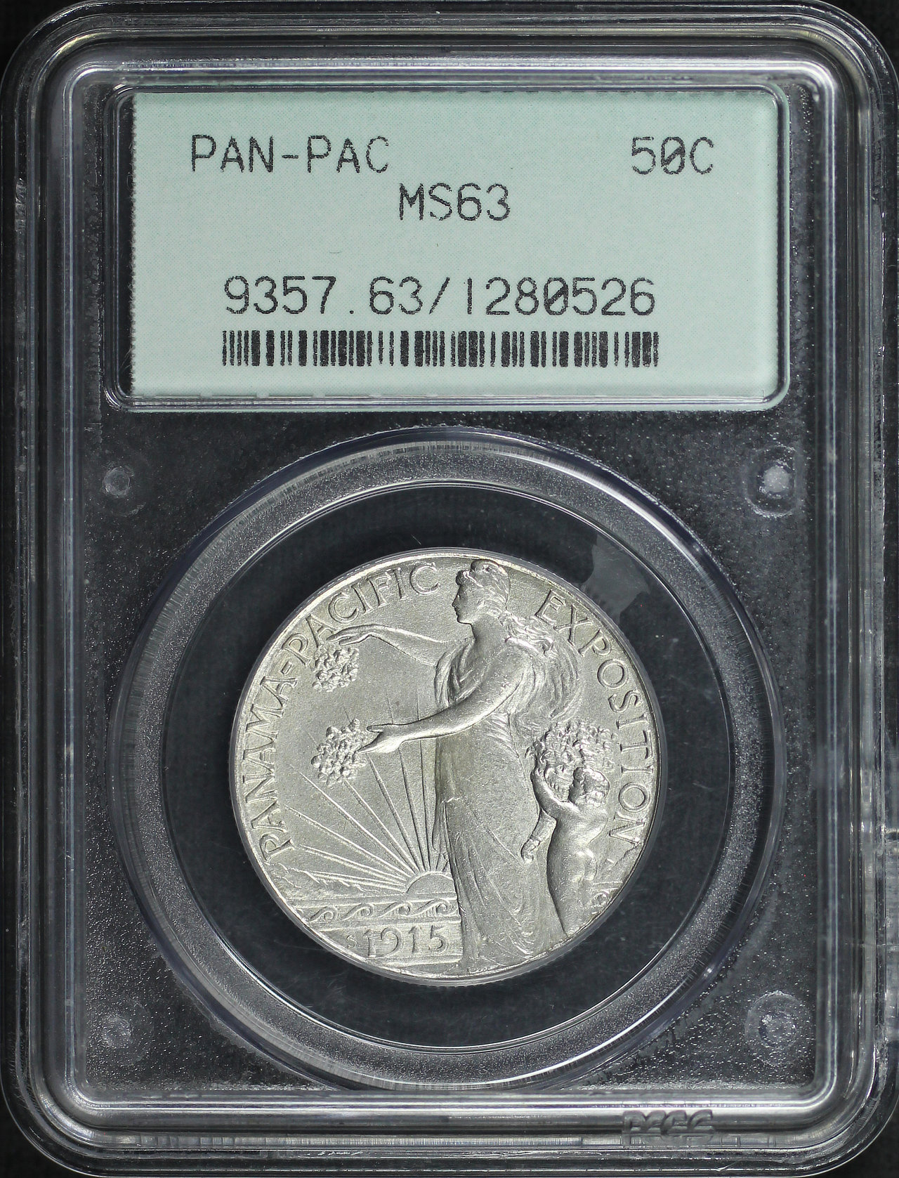 Obverse of this 1915-S Silver Commemorative Panama-Pacific 50C PCGS MS-63 Old Green Gasket Holder