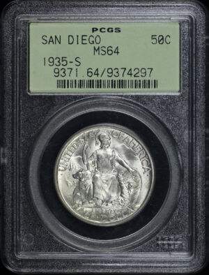 Obverse of this 1935-S 50C San Diego Silver Commemorative PCGS MS-64 Old Green Holder