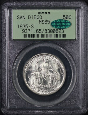Obverse of this 1935-S 50C San Diego Silver Commemorative PCGS MS-65 CAC Old Green Holder