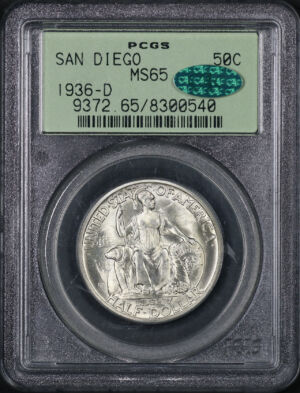 Obverse of this 1936-D 50C San Diego Silver Commemorative PCGS MS-65 CAC Old Green Holder 