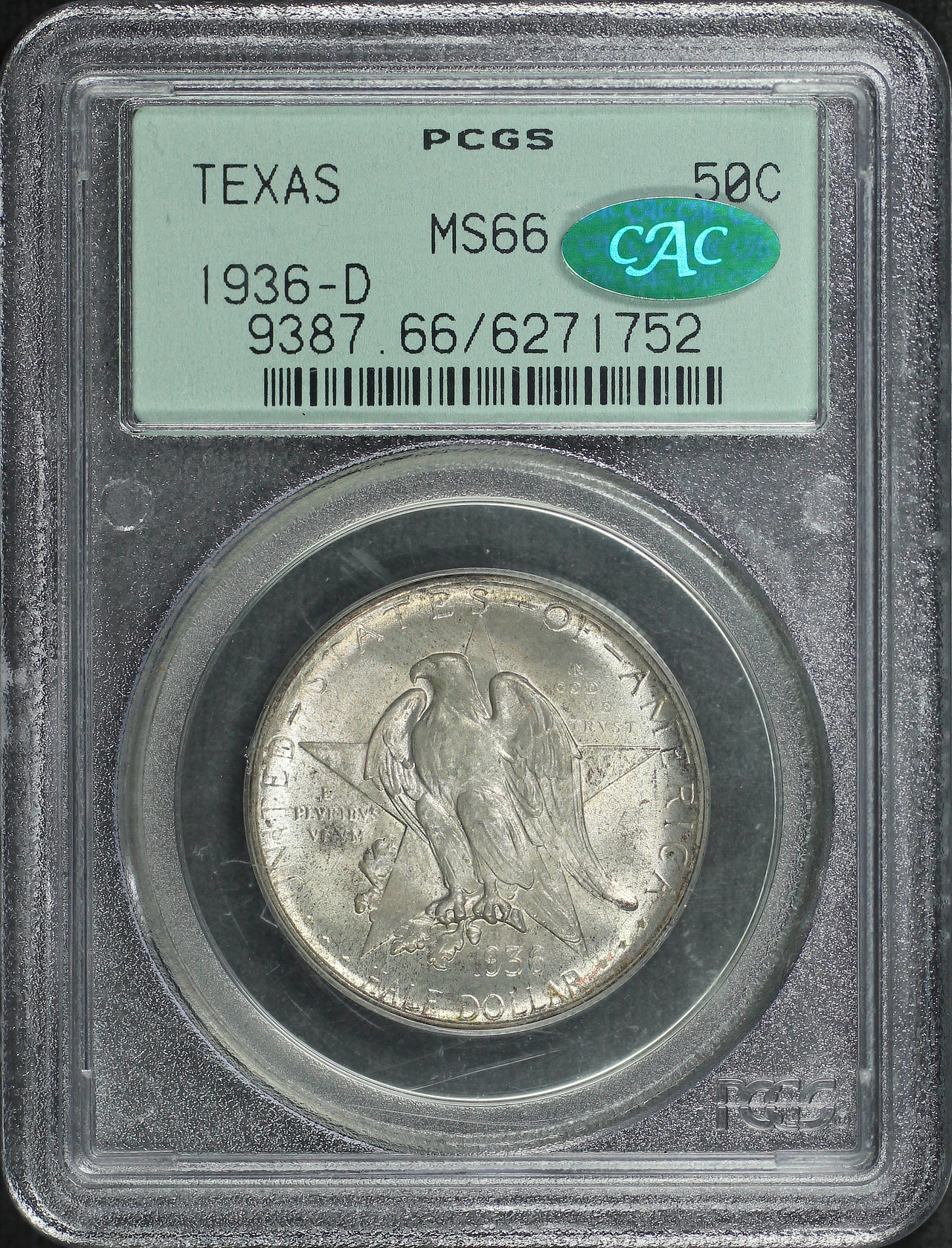 Obverse of this 1936-D Silver Commemorative Texas 50C PCGS MS-66 CAC Old Green Holder