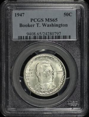 Obverse of this 1947 50C Booker T. Washington Silver Commemorative PCGS MS-65