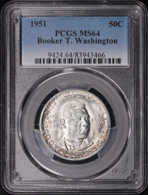 Obverse of this 1951 50C Booker T. Washington Silver Commemorative PCGS MS-64