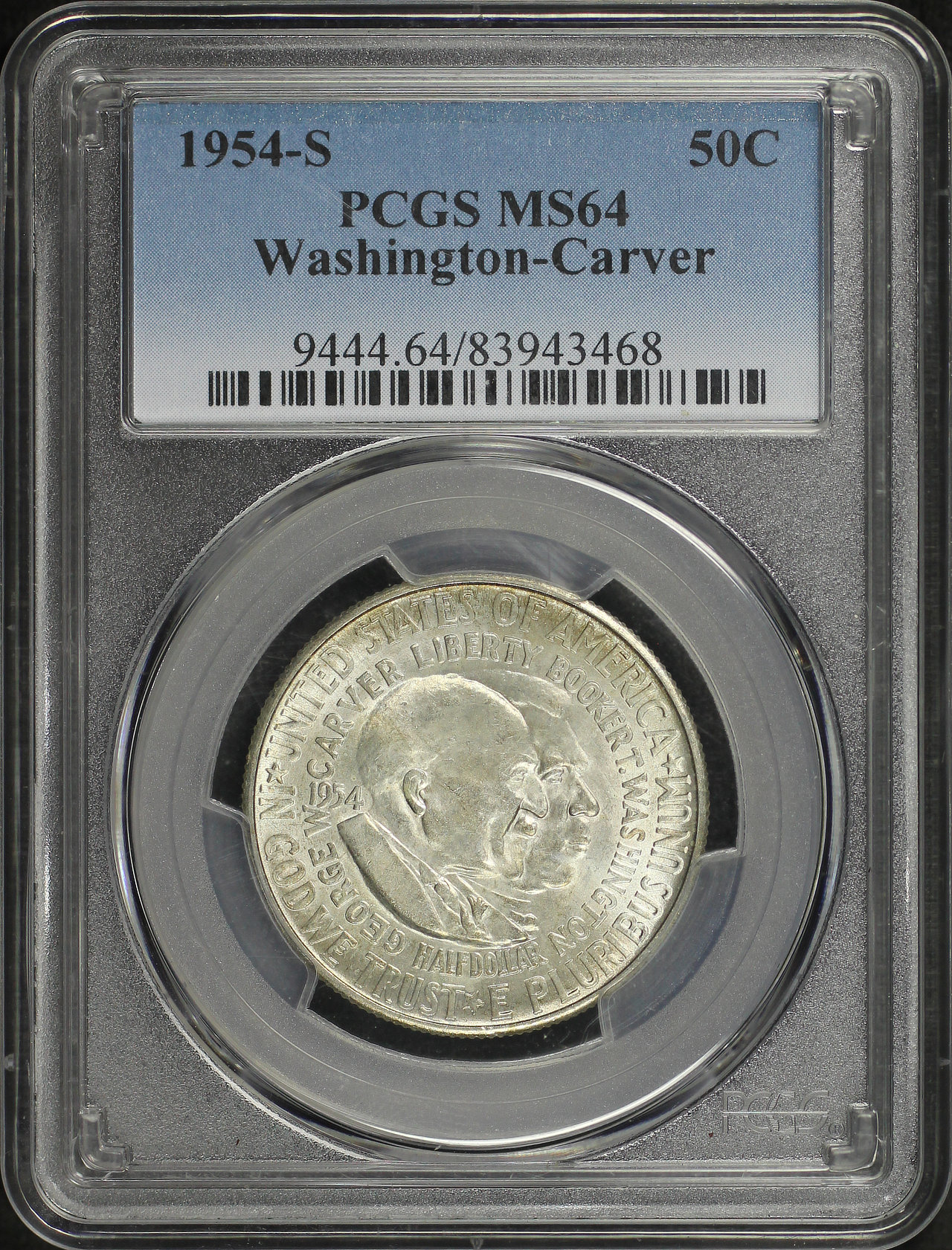 Obverse of this 1954-S Silver Commemorative Washington-Carver 50C PCGS MS-64