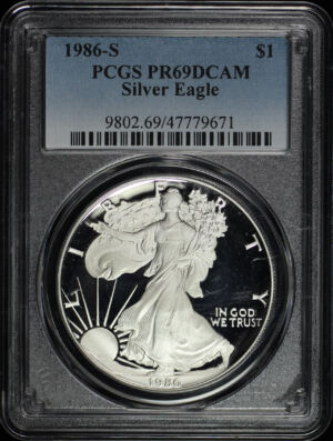 Obverse of this 1986-S Silver Eagle PCGS PR-69 DCAM