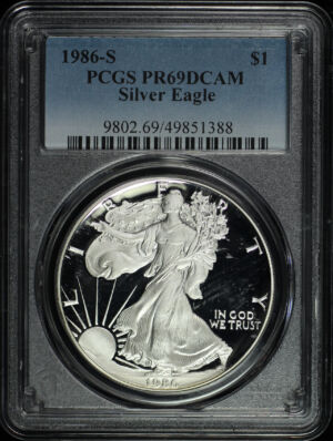 Obverse of this 1986-S Silver Eagle PCGS PR-69 DCAM