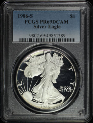 Obverse of this 1986-S Silver Eagle PCGS PR-69 DCAM