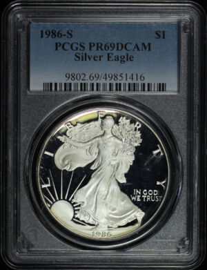 Obverse of this 1986-S Silver Eagle PCGS PR-69 DCAM