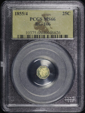 Obverse of this 1855/4 G25C BG-106 Octagonal Liberty California Fractional Gold PCGS MS-66 Prospector Label