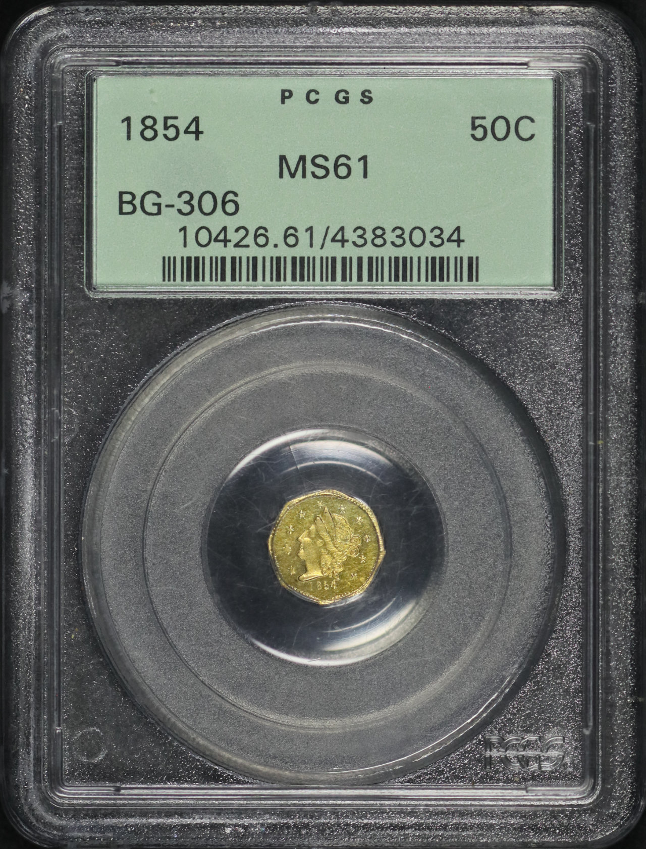 Obverse of this 1854 50C BG-306 Octagonal Liberty California Gold PCGS MS-61 Old Green Holder