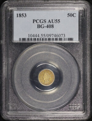 Obverse of this 1853 G50C BG-408 Round Liberty California Fractional Gold PCGS AU-55