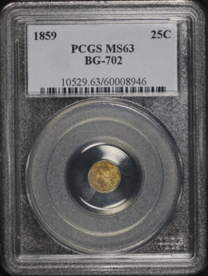 Obverse of this 1859 G25C BG-702 Octagonal Liberty California Fractional Gold PCGS MS-63