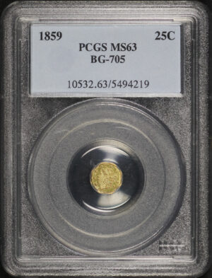 Obverse of this 1859 G25C BG-705 Octagonal Liberty California Fractional Gold PCGS MS-63