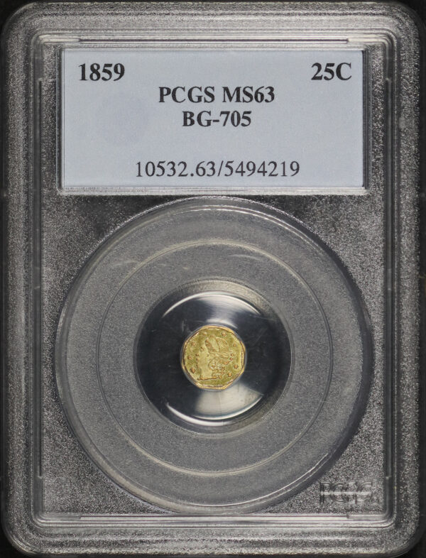 Obverse of this 1859 G25C BG-705 Octagonal Liberty California Fractional Gold PCGS MS-63