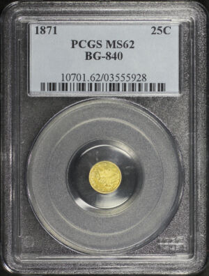 Obverse of this 1871 G25C BG-840 Round Liberty California Fractional Gold PCGS MS-62