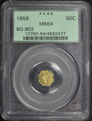 Obverse of this 1859 50C BG-902 California Fractional Gold PCGS MS-64 Old Green Holder 