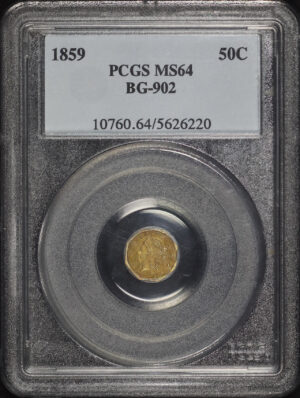 Obverse of this 1859 50C BG-902 Octagonal Liberty California Fractional Gold PCGS MS-64