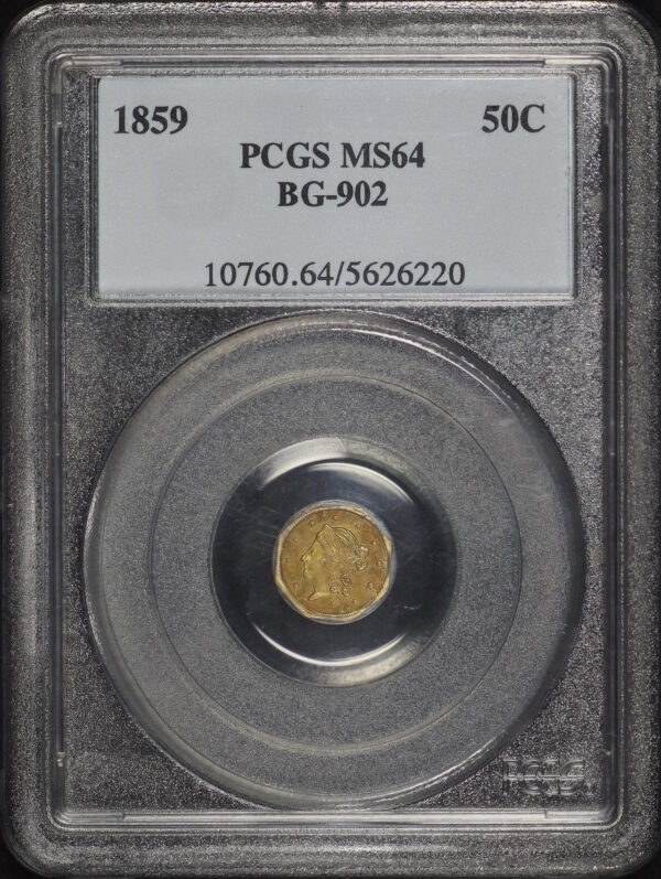 Obverse of this 1859 50C BG-902 Octagonal Liberty California Fractional Gold PCGS MS-64