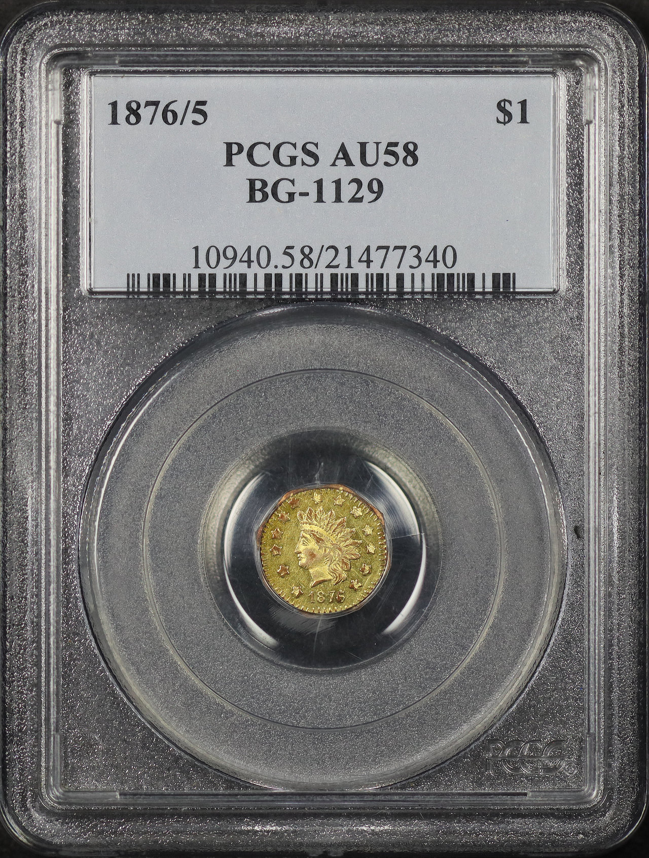 Obverse of this 1876/5 BG-1129 $1G Octagonal Indian California Fractional Gold PCGS AU-58