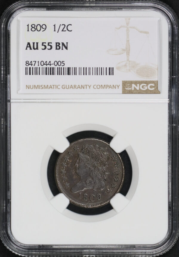 Obverse of this 1809 Classic Head Half Cent NGC AU-55 BN