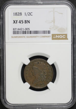 Obverse of this 1828 Classic Head Half Cent NGC XF-45 BN