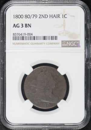 Obverse of this 1800 80/79 2nd Hair Draped Bust Cent NGC AG-3 BN Great For A Lowball Set!