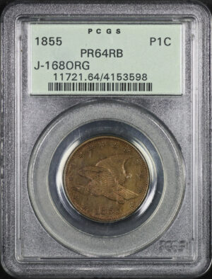 Obverse of this 1855 1C Patterns J-168 Original PCGS PR-64 RB Old Green Holder