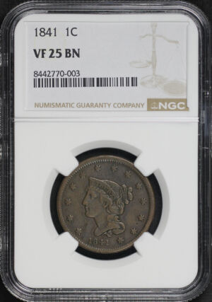 Obverse of this 1841 Braided Hair Cent NGC VF-25 BN