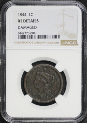 Obverse of this 1844 Braided Hair Cent NGC XF Details Damaged