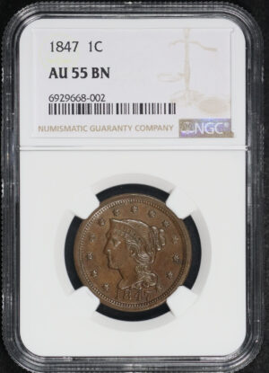 Obverse of this 1847 Braided Hair Cent NGC AU-55 BN
