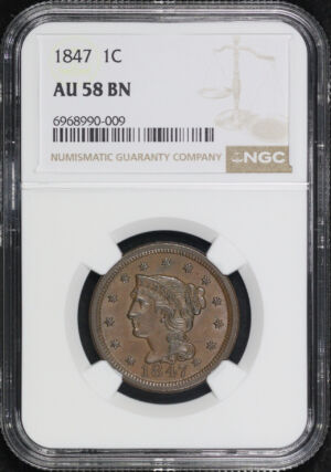 Obverse of this 1847 Braided Hair Cent NGC AU-58 BN