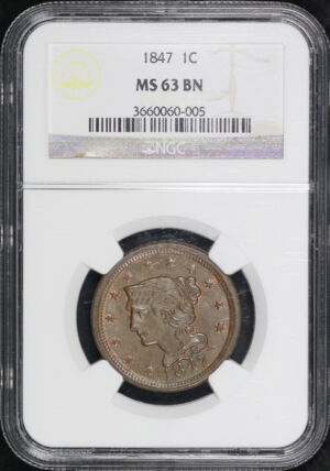 Obverse of this 1847 Braided Hair Cent NGC MS-63 BN