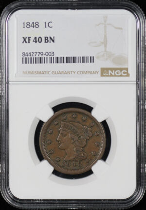 Obverse of this 1848 Braided Hair Cent NGC XF-40 BN