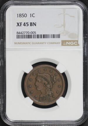 Obverse of this 1850 Braided Hair Cent NGC XF-45 BN