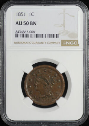 Obverse of this 1851 Braided Hair Cent NGC AU-50 BN