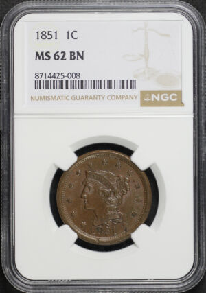 Obverse of this 1851 Braided Hair Cent NGC MS-62 BN